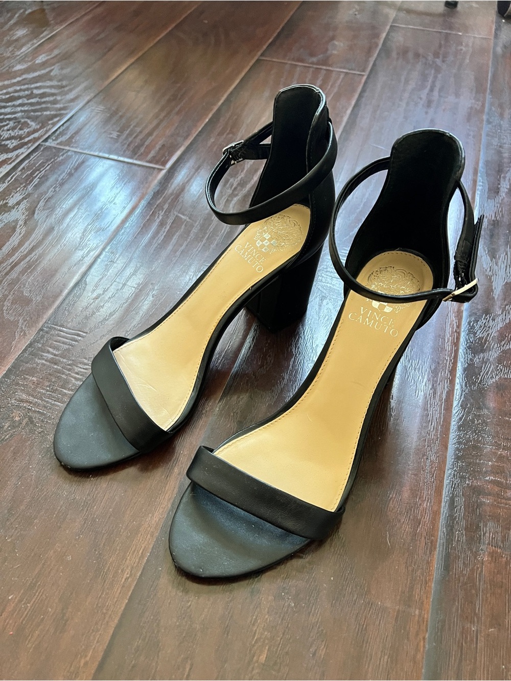 Vince Camuto Black Open-Toe Ankle-Strap Block Heels